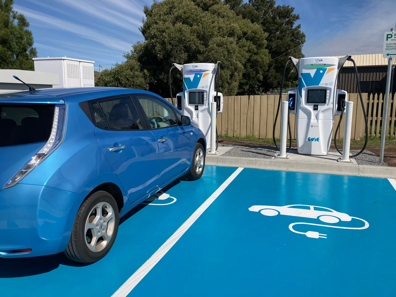 Blue Nissan Leaf at Evie Networks charging stations in Brighton, Tasmania, photographed 6 March 2021. Illustrative file photo, not the ACT REVS2 fleet or a bidirectional charger.