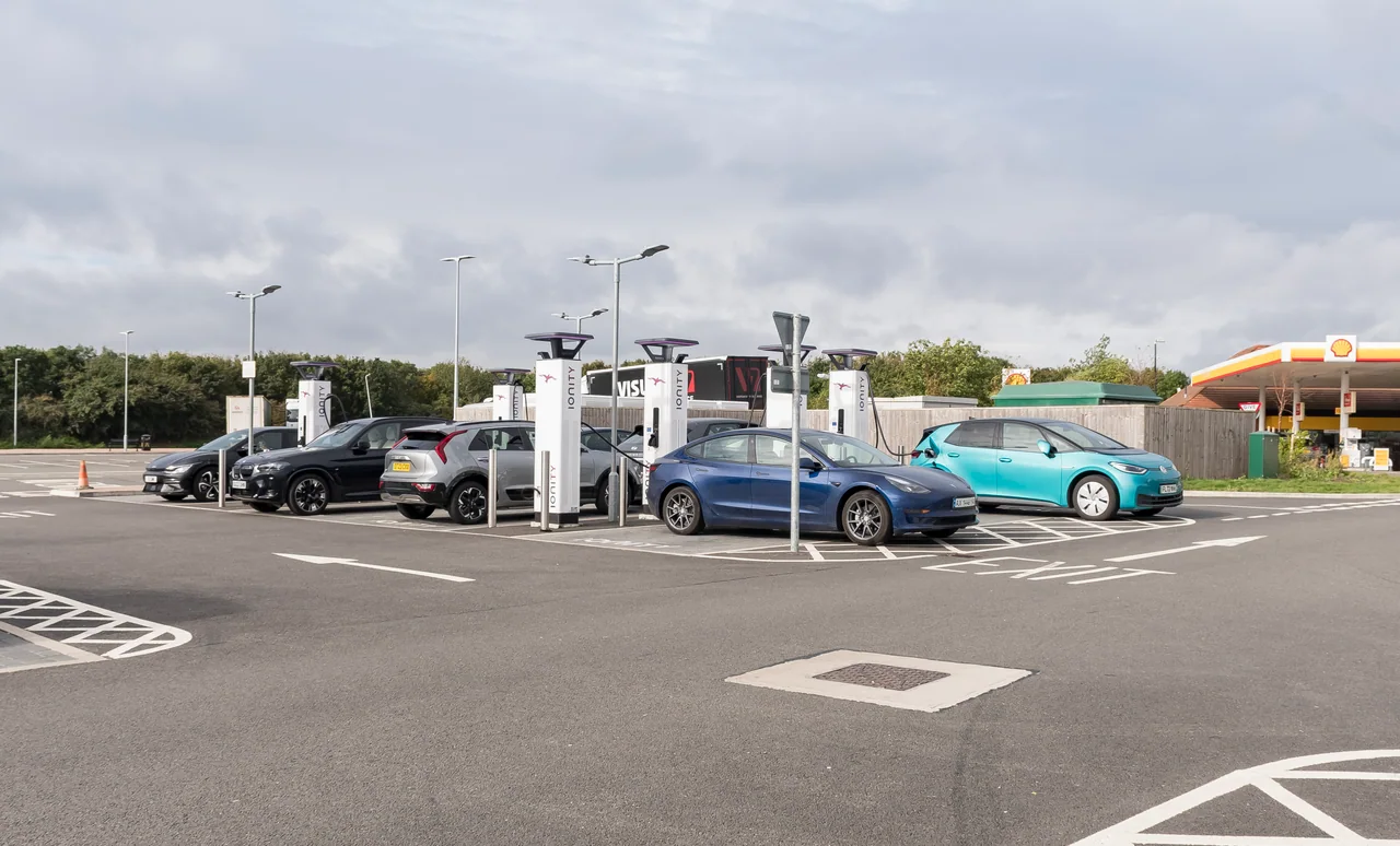 IONITY charging units at Cambridge Services in Cambridgeshire.