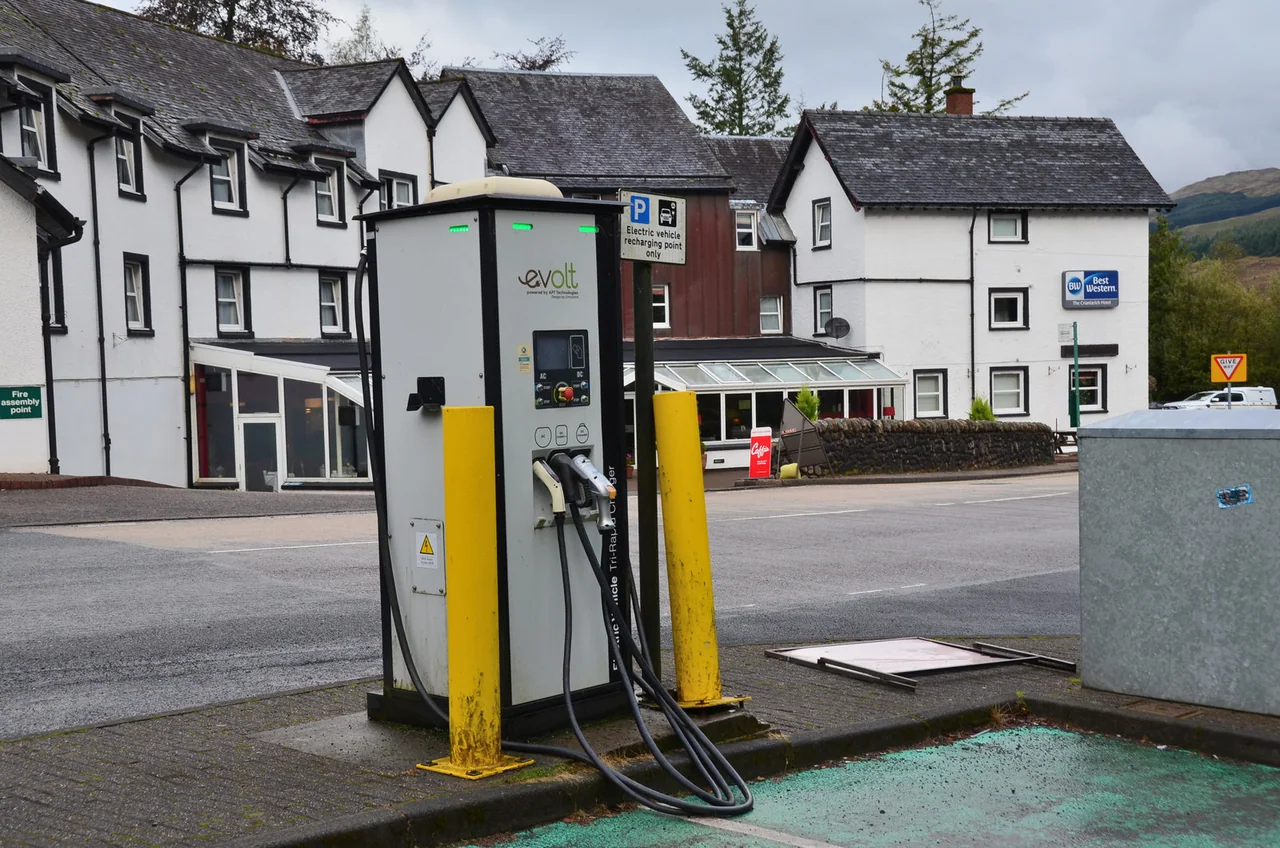 Archive photograph of an EV charging point in the car park opposite Crianlarich Hotel in Scotland.
