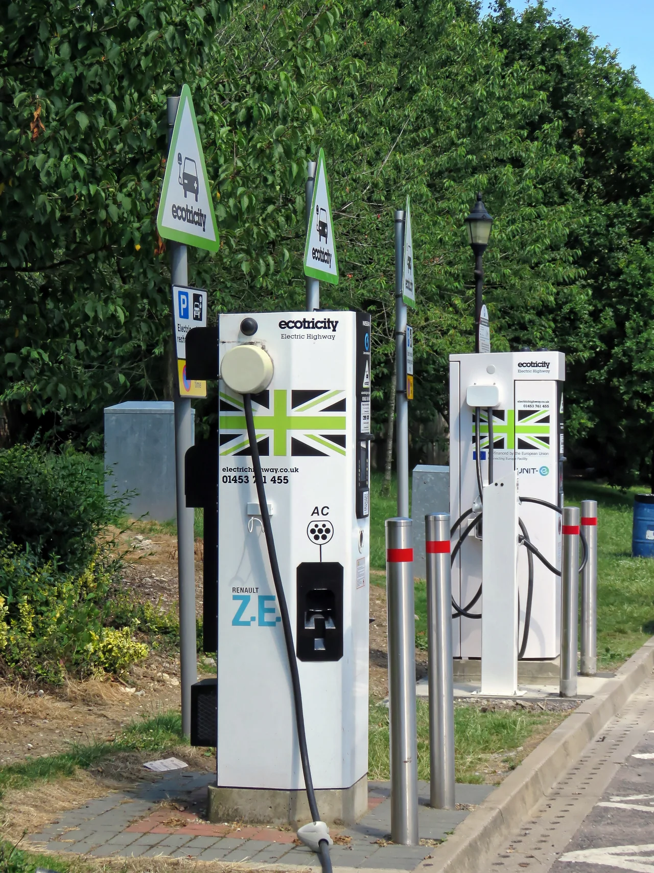 Two Ecotricity public chargepoint units at Clacket Lane Services in Surrey; archive photograph dated 5 July 2017.